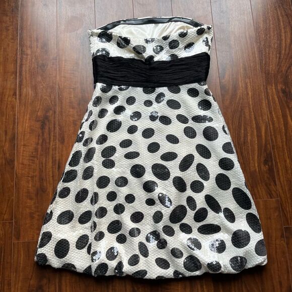 La Femme sequined, printed cocktail dress w/ black waistband + strapless bodice - Picture 5 of 13